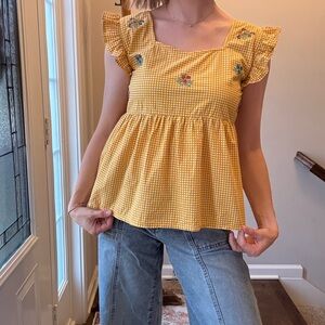 Yellow Gingham Ruffle Sleeve Top